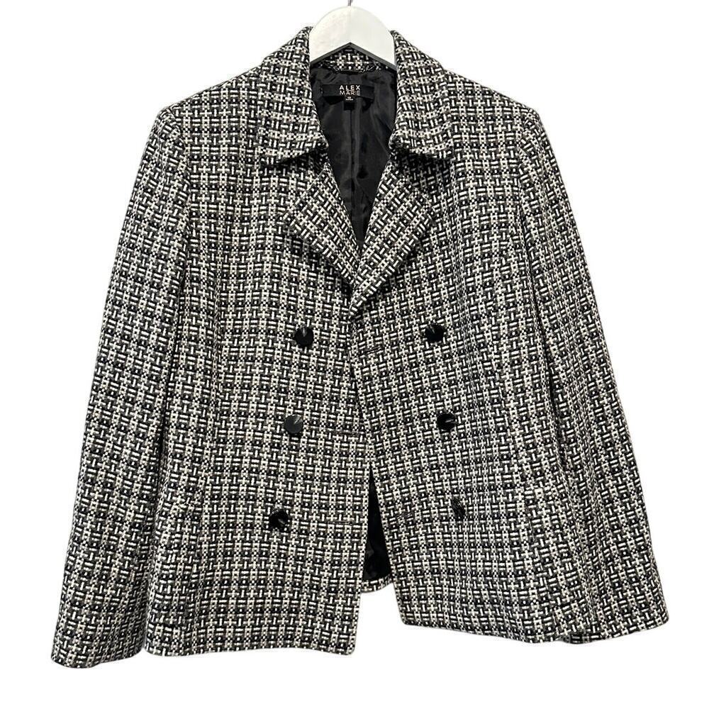 Size 12 Black White Plaid Wool Blend Double Breasted Blazer Preppy Clueless